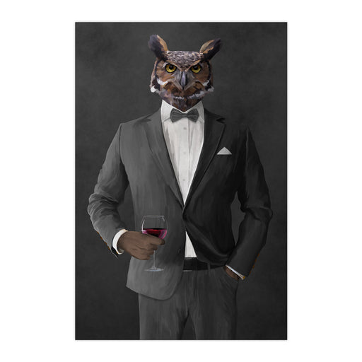 Owl drinking red wine wearing gray suit large wall art print