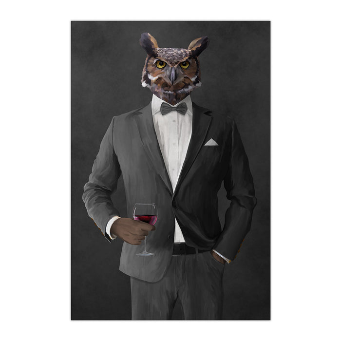 Owl drinking red wine wearing gray suit large wall art print