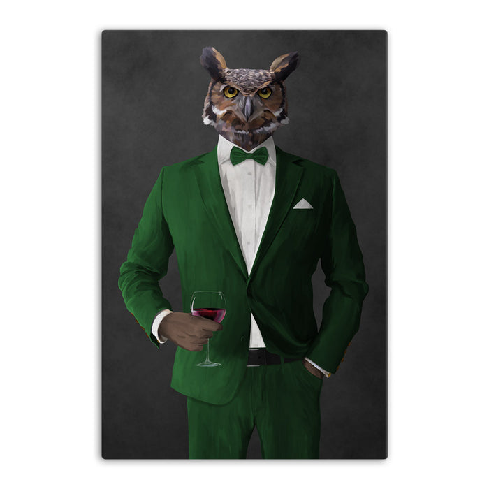 Owl drinking red wine wearing green suit canvas wall art