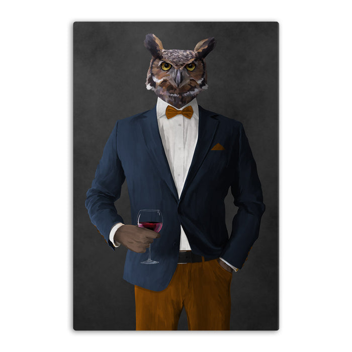 Owl drinking red wine wearing navy and orange suit canvas wall art