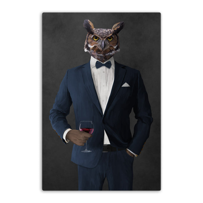 Owl drinking red wine wearing navy suit canvas wall art