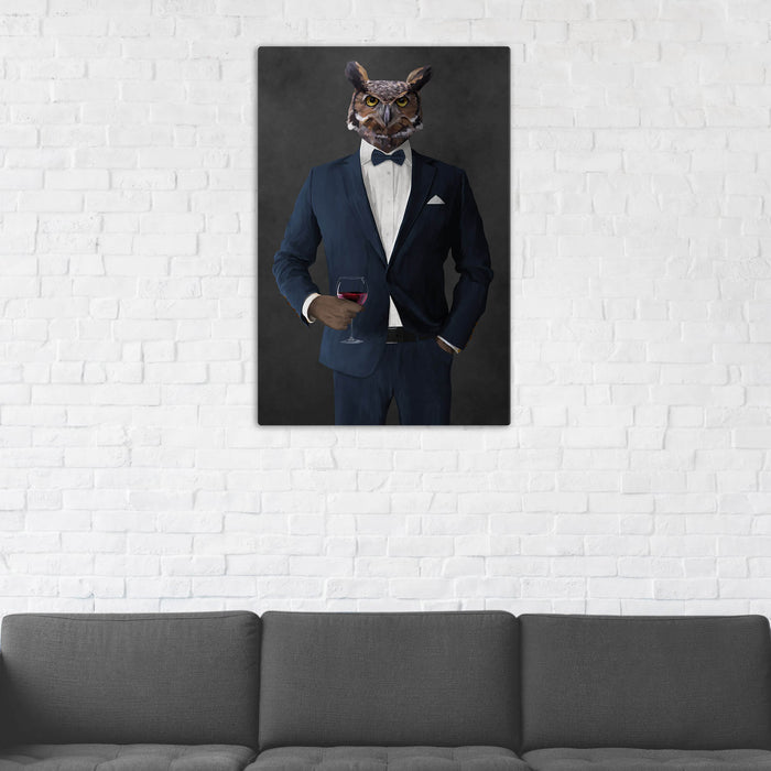 Owl Drinking Red Wine Wall Art - Navy Suit