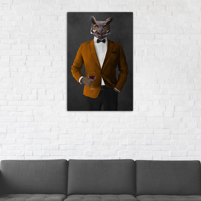 Owl Drinking Red Wine Wall Art - Orange and Black Suit