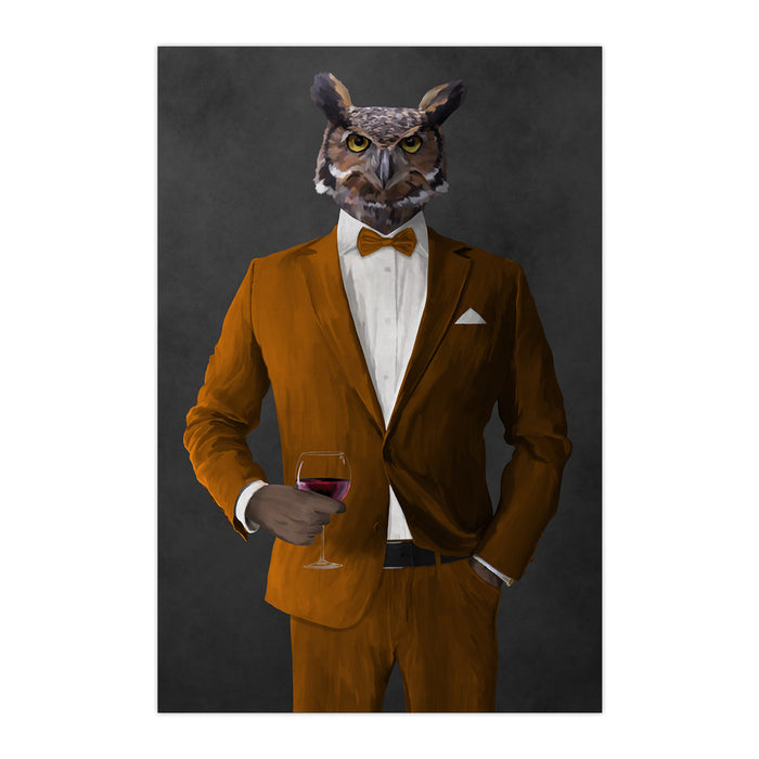 Owl drinking red wine wearing orange suit large wall art print