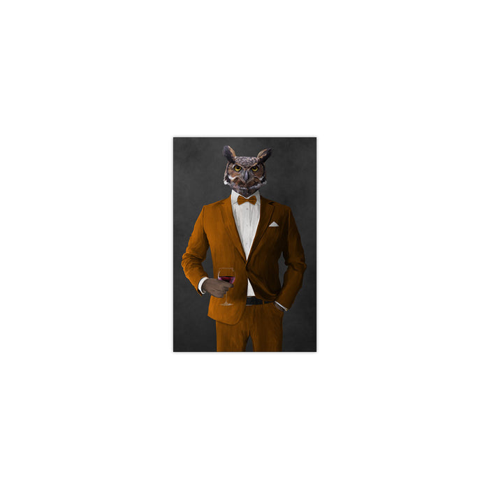 Owl drinking red wine wearing orange suit small wall art print