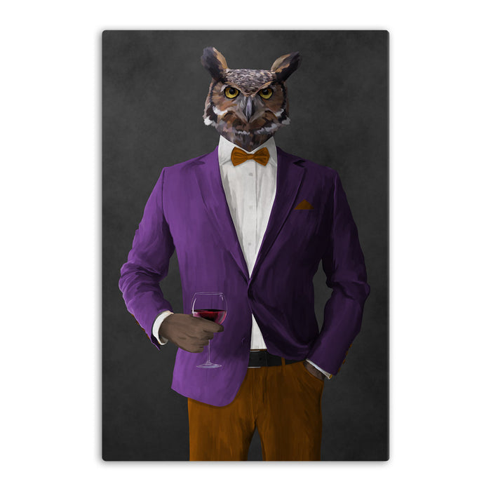 Owl drinking red wine wearing purple and orange suit canvas wall art