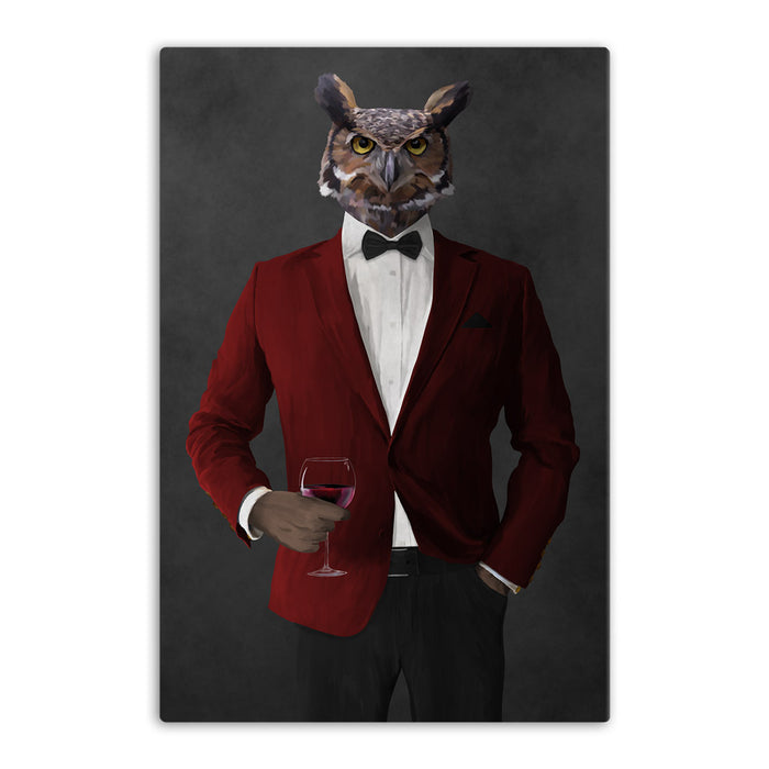 Owl drinking red wine wearing red and black suit canvas wall art