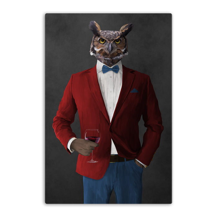 Owl drinking red wine wearing red and blue suit canvas wall art