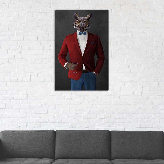 Owl Drinking Red Wine Wall Art - Red and Blue Suit