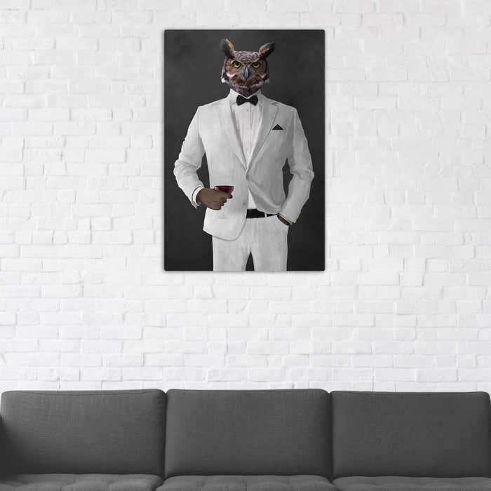 Owl Drinking Red Wine Wall Art - White Suit