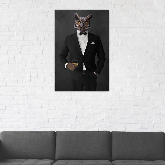 Owl Drinking Whiskey Wall Art - Black Suit