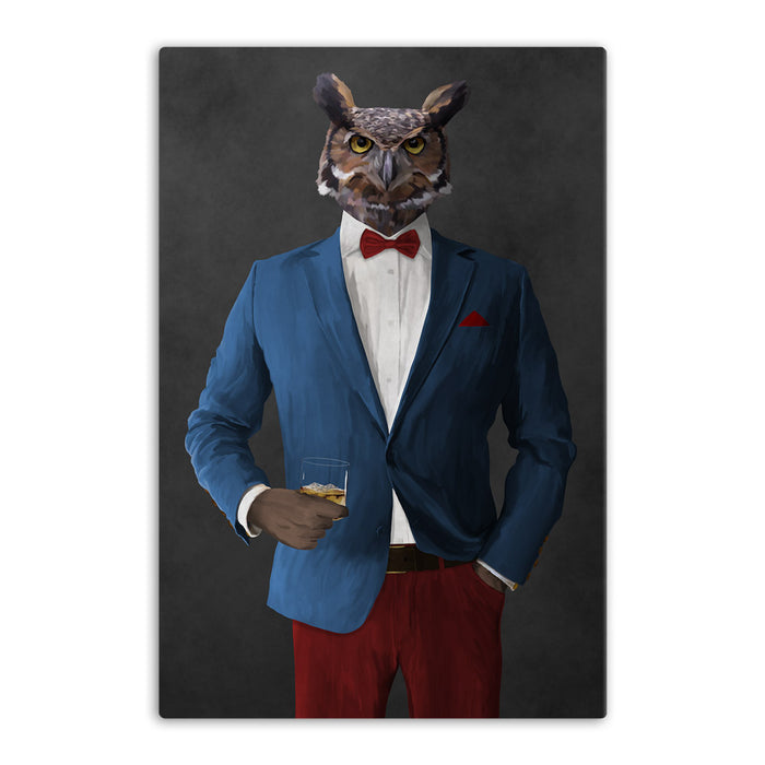 Owl drinking whiskey wearing blue and red suit canvas wall art