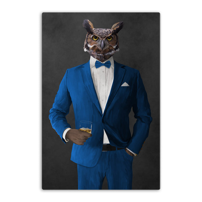 Owl drinking whiskey wearing blue suit canvas wall art