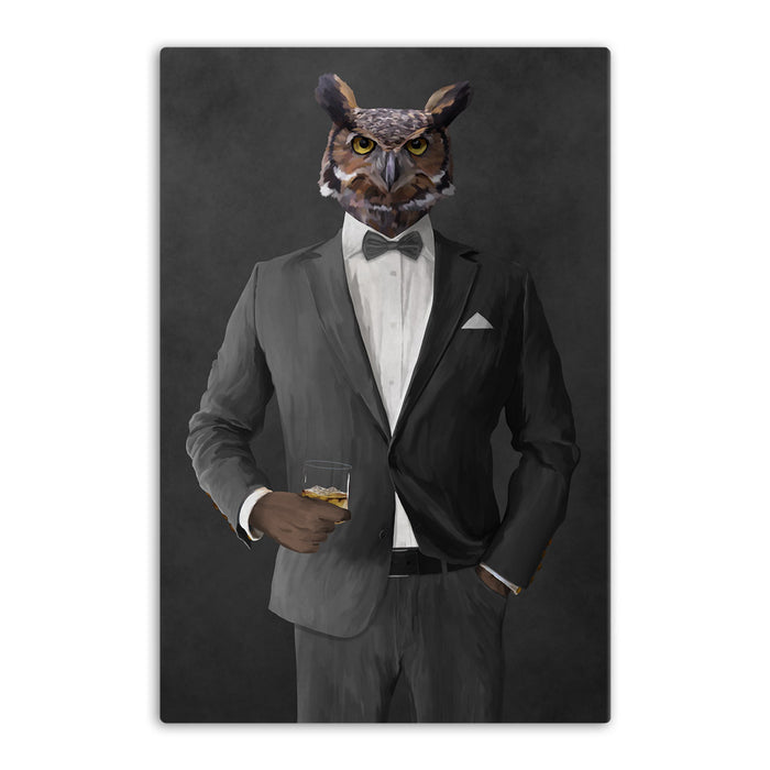 Owl drinking whiskey wearing gray suit canvas wall art