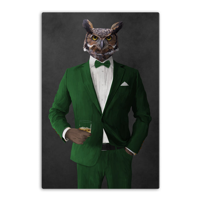 Owl drinking whiskey wearing green suit canvas wall art