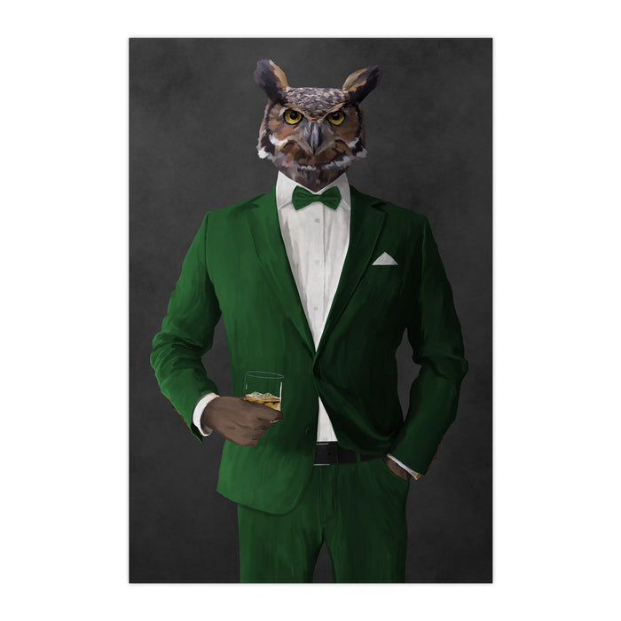 Owl drinking whiskey wearing green suit large wall art print