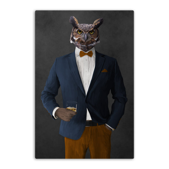 Owl drinking whiskey wearing navy and orange suit canvas wall art