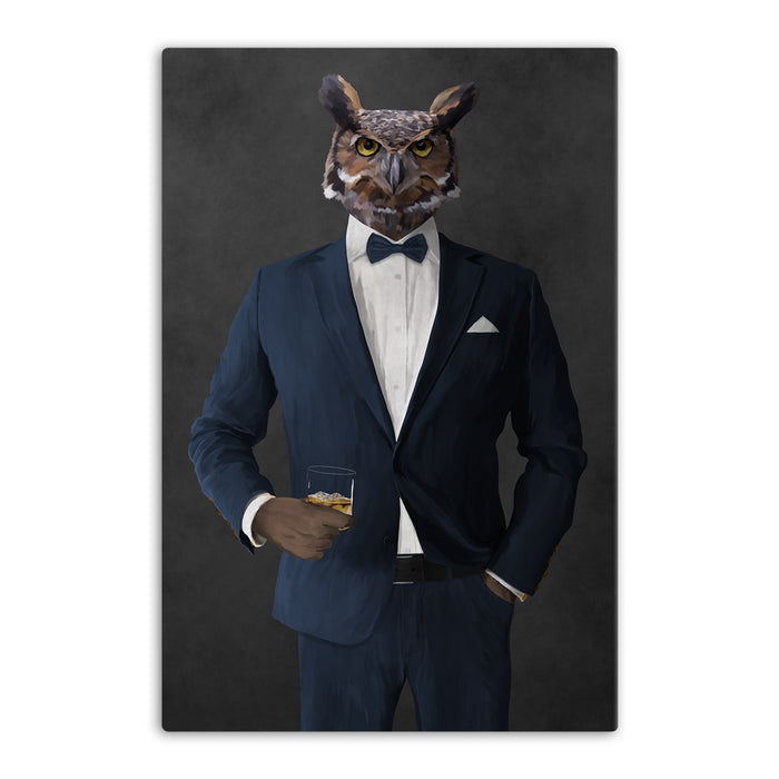 Owl drinking whiskey wearing navy suit canvas wall art