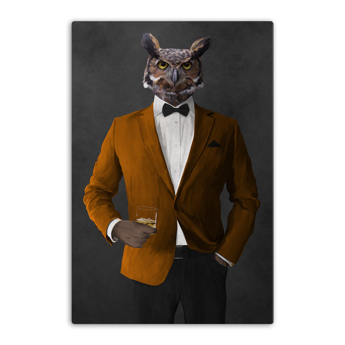 Owl drinking whiskey wearing orange and black suit canvas wall art