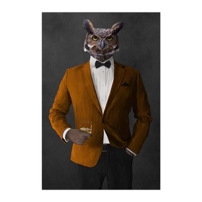 Owl drinking whiskey wearing orange and black suit large wall art print