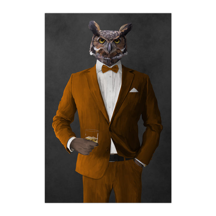 Owl drinking whiskey wearing orange suit large wall art print