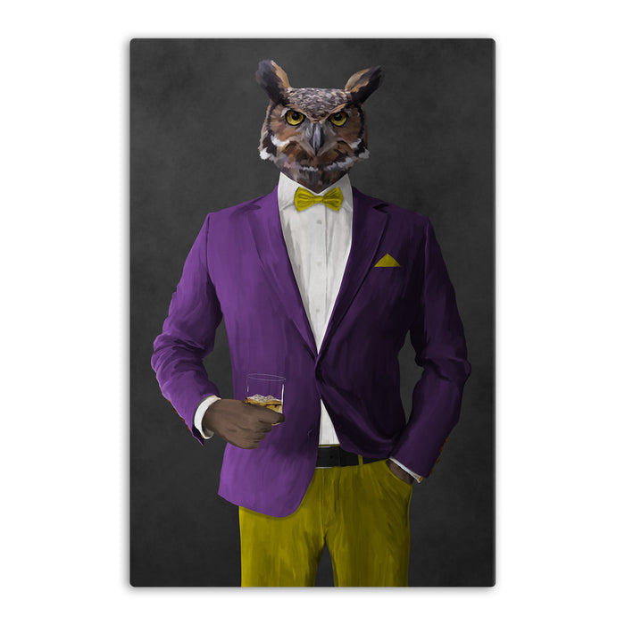 Owl drinking whiskey wearing purple and yellow suit canvas wall art