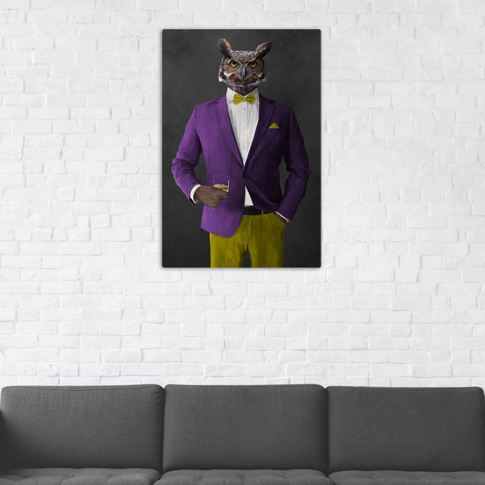 Owl Drinking Whiskey Wall Art - Purple and Yellow Suit