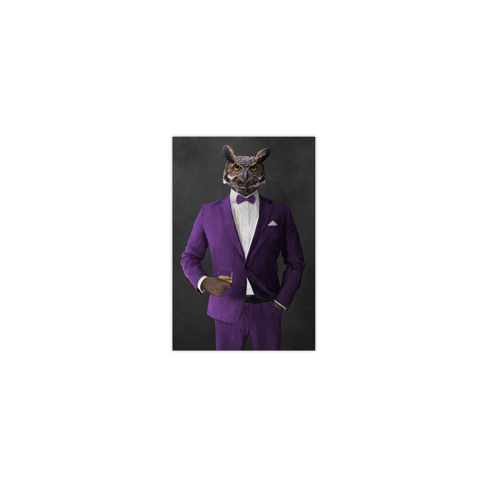 Owl drinking whiskey wearing purple suit small wall art print
