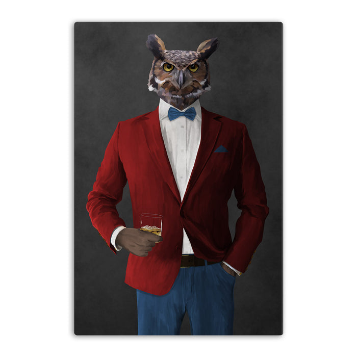 Owl drinking whiskey wearing red and blue suit canvas wall art