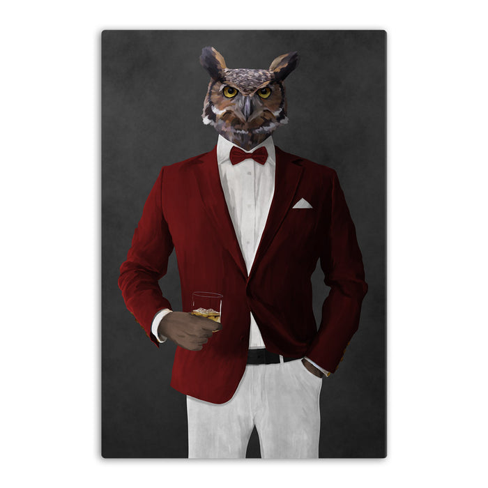 Owl drinking whiskey wearing red and white suit canvas wall art
