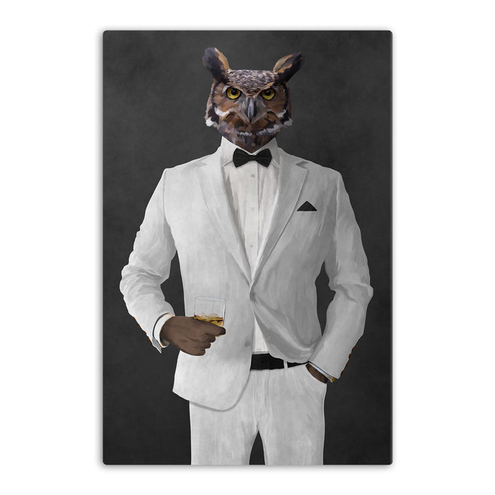 Owl drinking whiskey wearing white suit canvas wall art