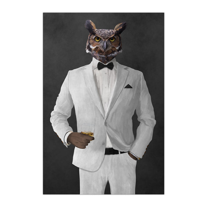 Owl drinking whiskey wearing white suit large wall art print