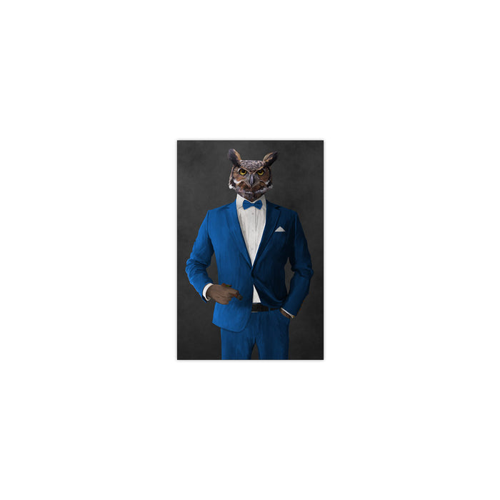 Owl smoking cigar wearing blue suit small wall art print