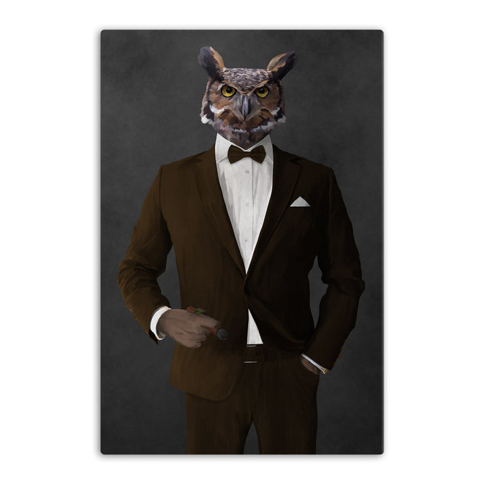 Owl smoking cigar wearing brown suit canvas wall art