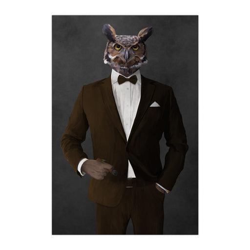 Owl smoking cigar wearing brown suit large wall art print