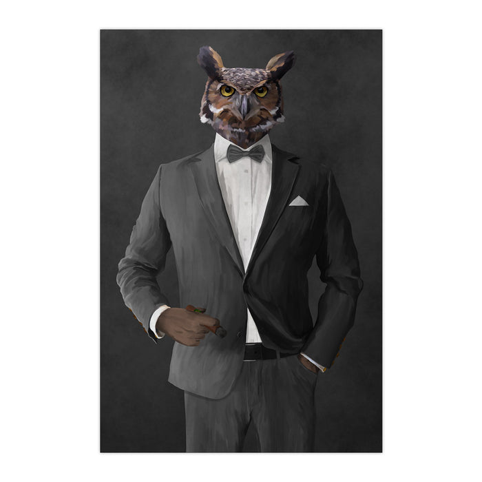 Owl smoking cigar wearing gray suit large wall art print