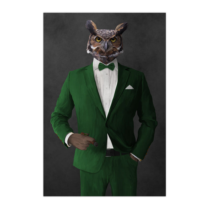 Owl smoking cigar wearing green suit large wall art print