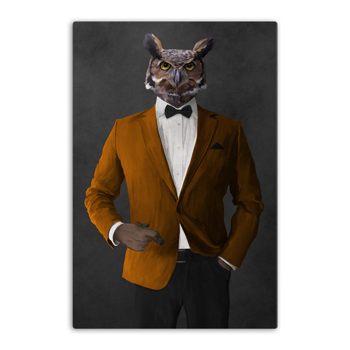 Owl smoking cigar wearing orange and black suit canvas wall art