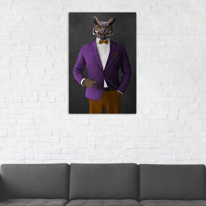 Owl Smoking Cigar Wall Art - Purple and Orange Suit
