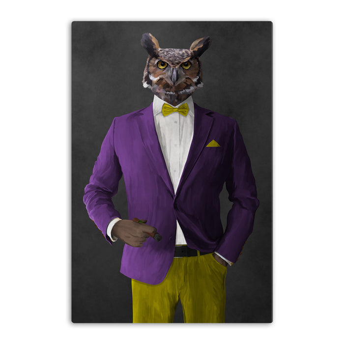 Owl smoking cigar wearing purple and yellow suit canvas wall art