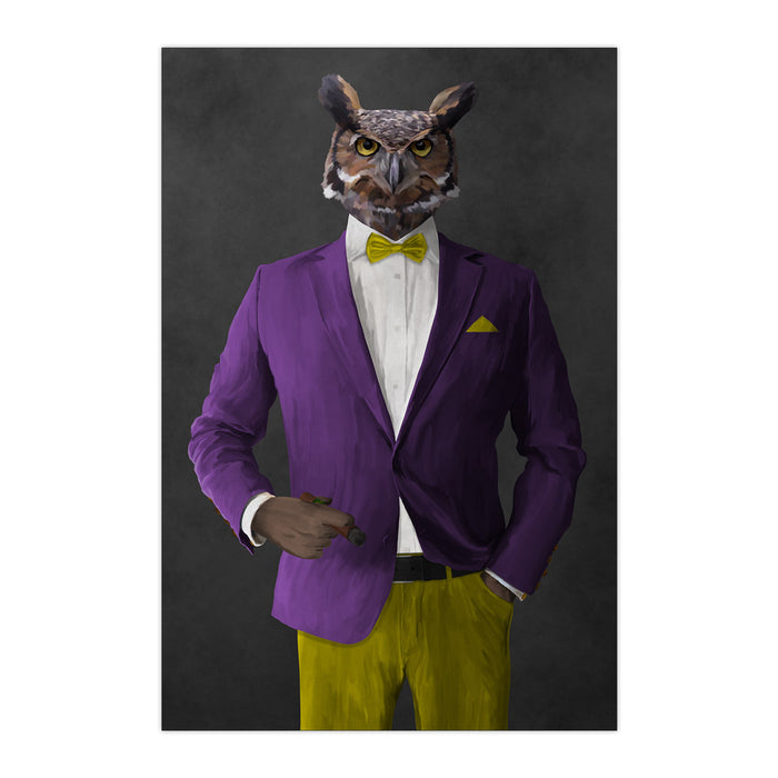 Owl smoking cigar wearing purple and yellow suit large wall art print