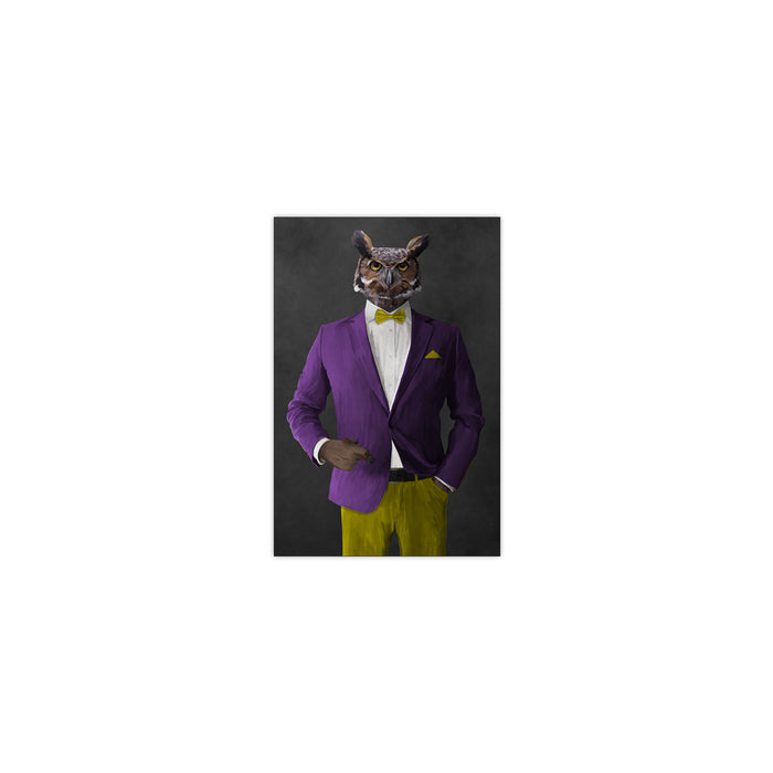 Owl smoking cigar wearing purple and yellow suit small wall art print