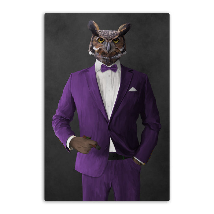 Owl smoking cigar wearing purple suit canvas wall art