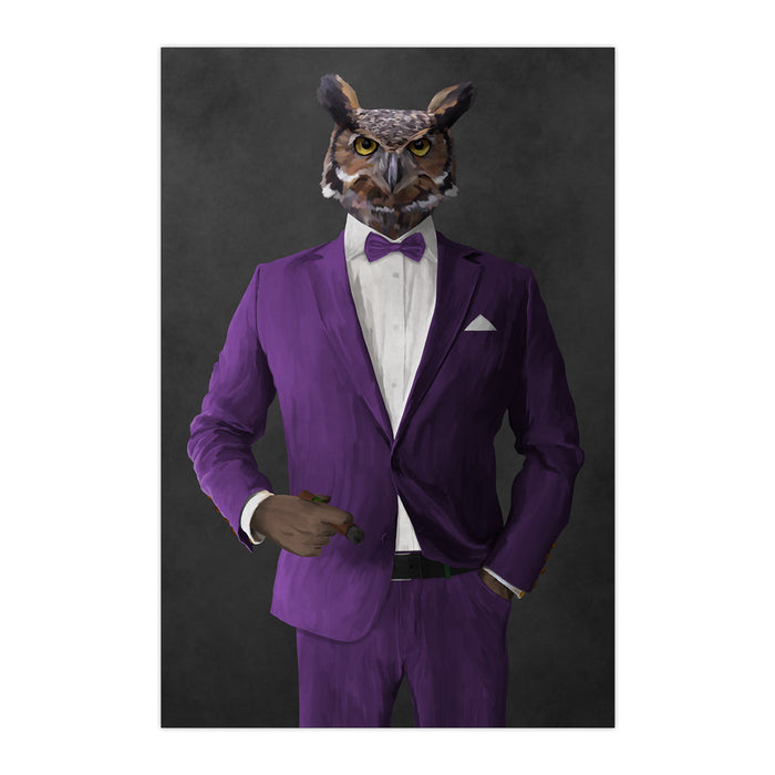 Owl smoking cigar wearing purple suit large wall art print