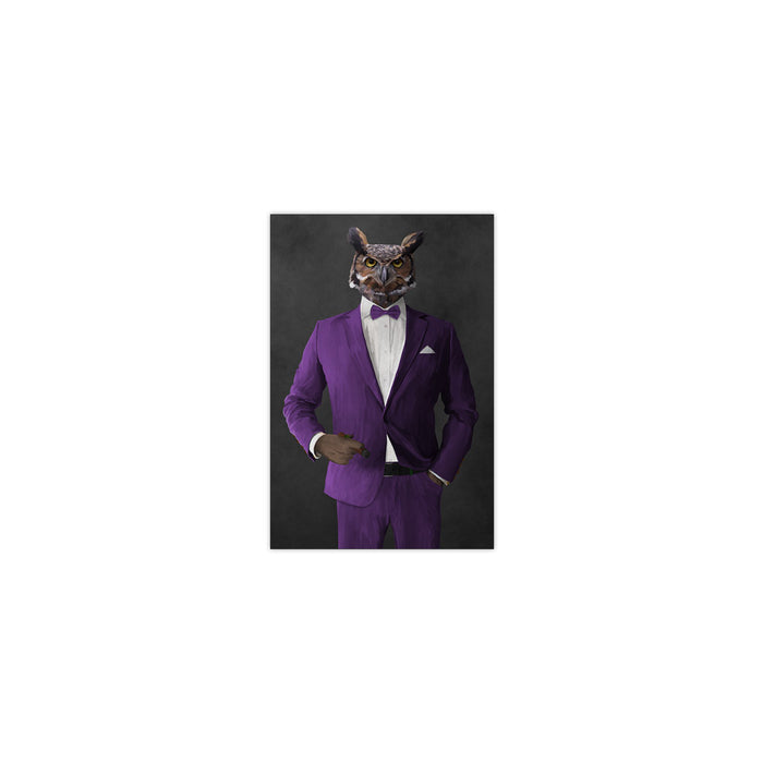 Owl smoking cigar wearing purple suit small wall art print