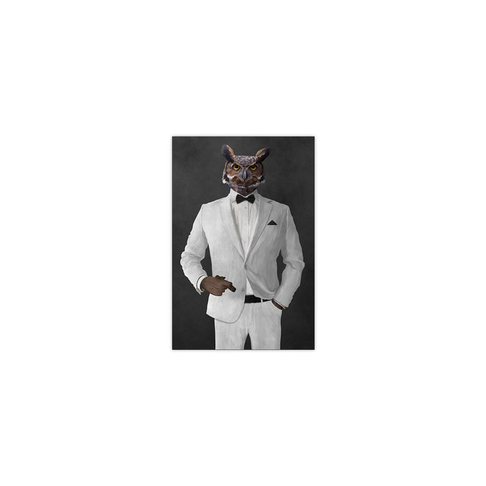 Owl smoking cigar wearing white suit small wall art print