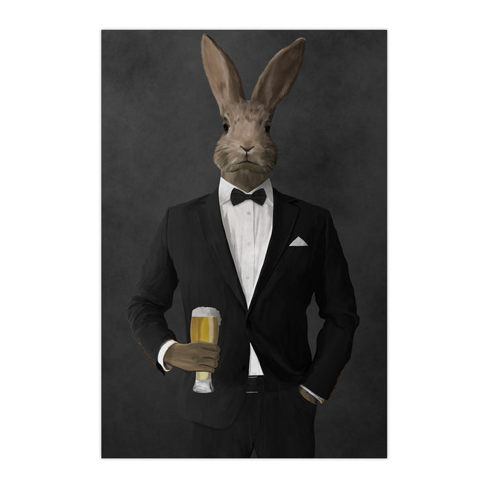 Rabbit drinking beer wearing black suit large wall art print