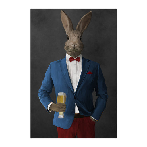 Rabbit drinking beer wearing blue and red suit large wall art print