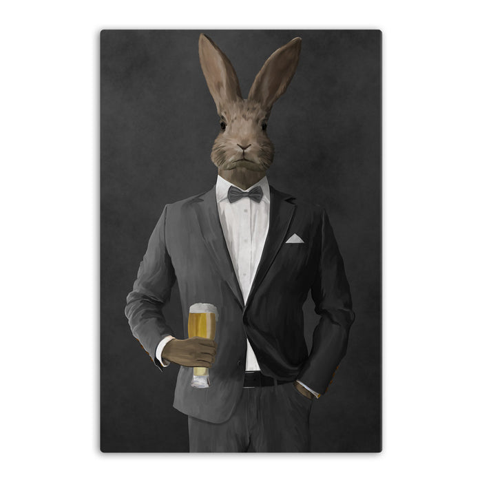 Rabbit drinking beer wearing gray suit canvas wall art