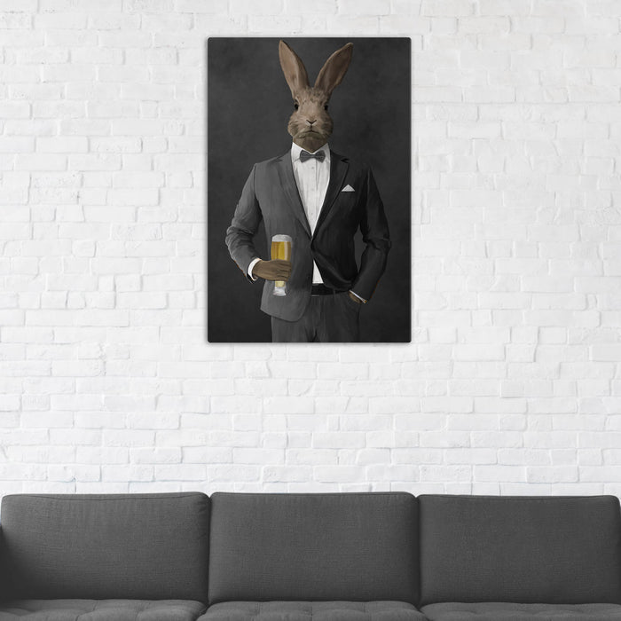 Rabbit Drinking Beer Wall Art - Gray Suit